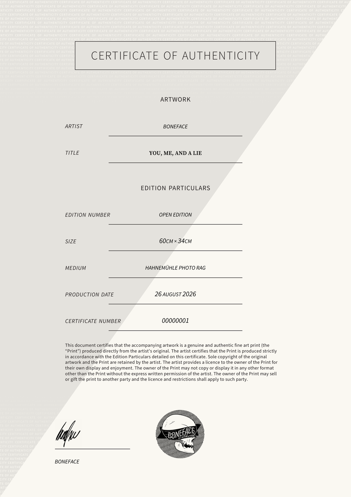 You, me, and a lie — Certificate of Authenticity